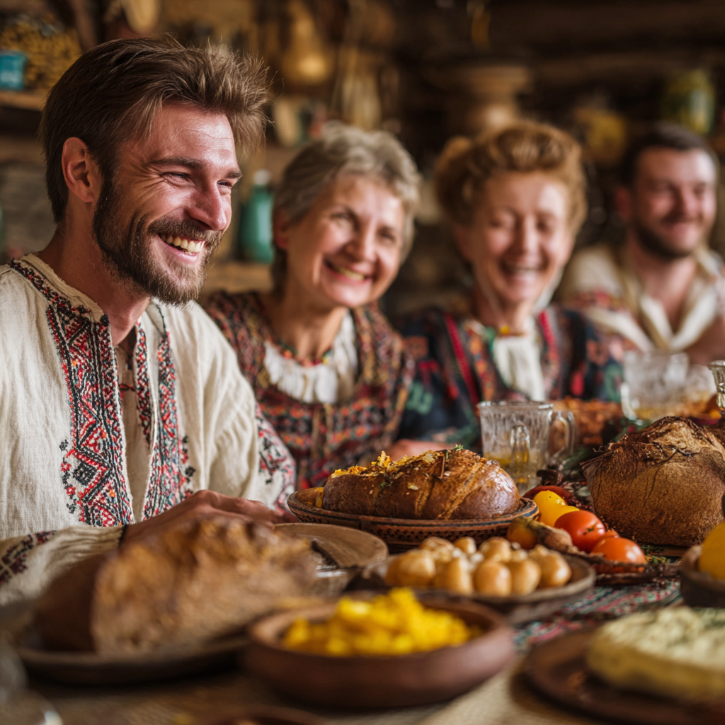 Smiling middle-aged Ukrainian woman preparing fresh vegetables and fruits in a bright modern kitchen, representing healthy meal planning