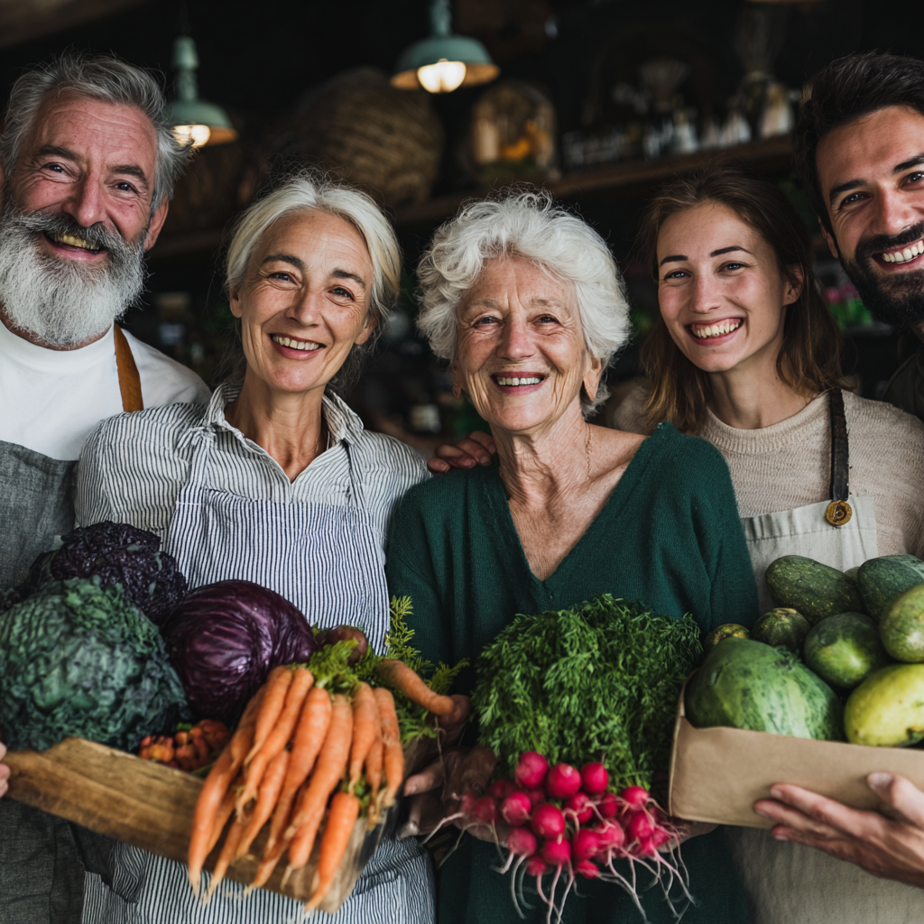 Happy Ukrainian family of different generations sharing a nutritious meal together at a wooden dining table with traditional and modern healthy foods