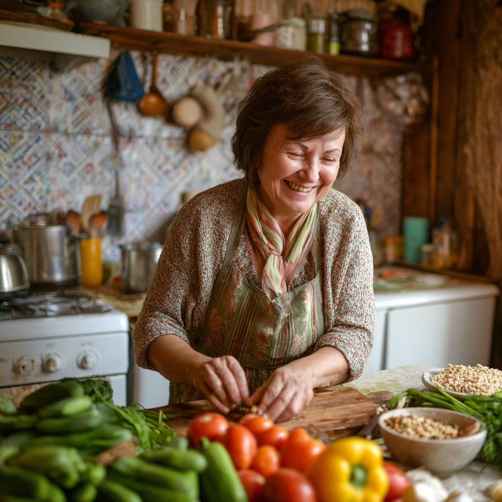 Elderly Ukrainian couple preparing simple healthy meal together in cozy home kitchen with natural ingredients and traditional cooking utensils